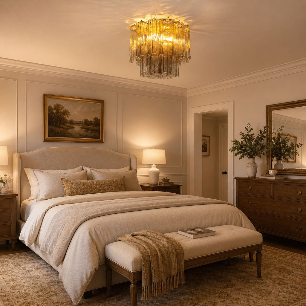 Amber-toned Clérachic flush mount above a bedroom with a cream upholstered bed, a bench with a woven throw and a landscape painting.