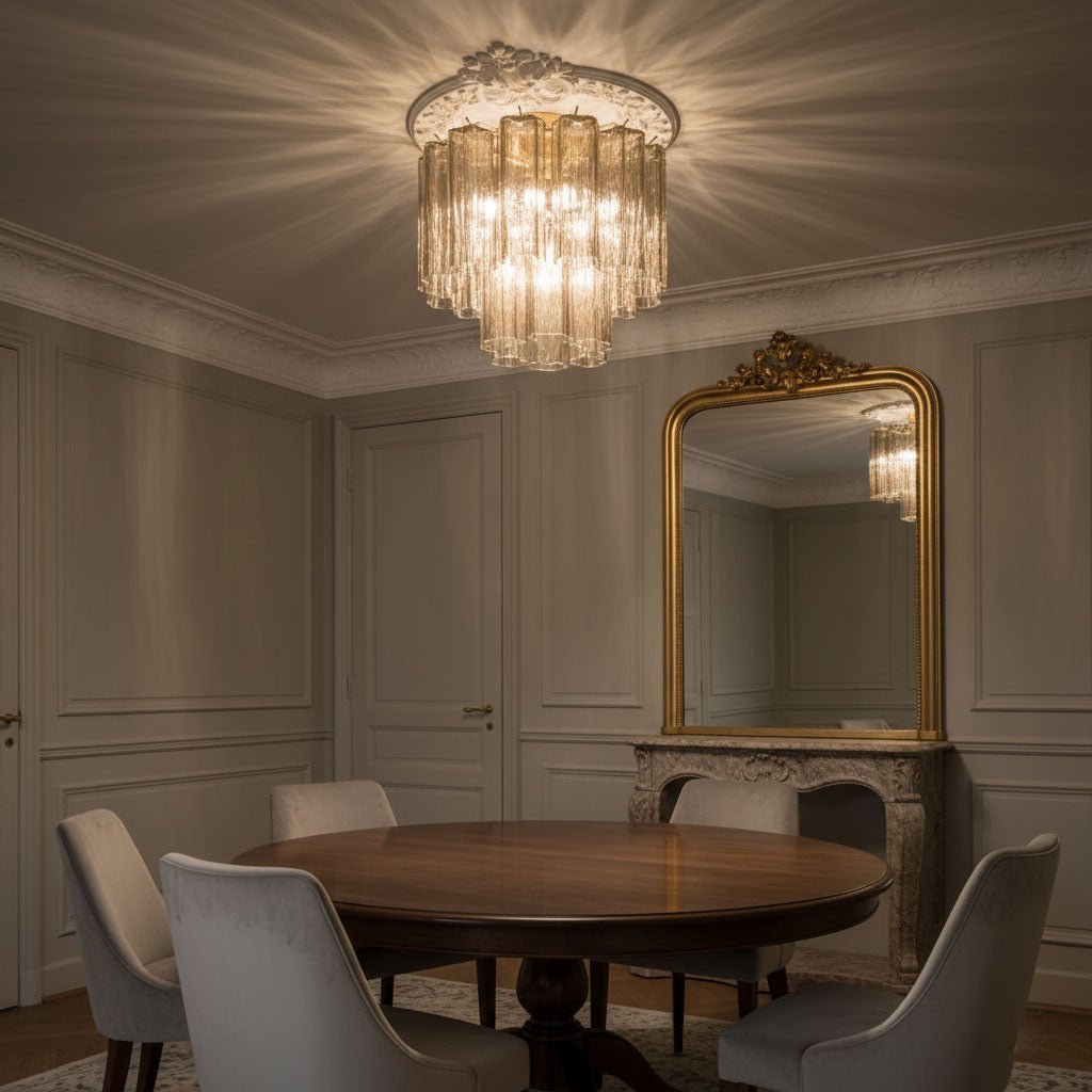 Clear and champagne glass Clérachic flush mount on a decorative ceiling rose, above a round table and a gilded mirror in a grey panelled room.
