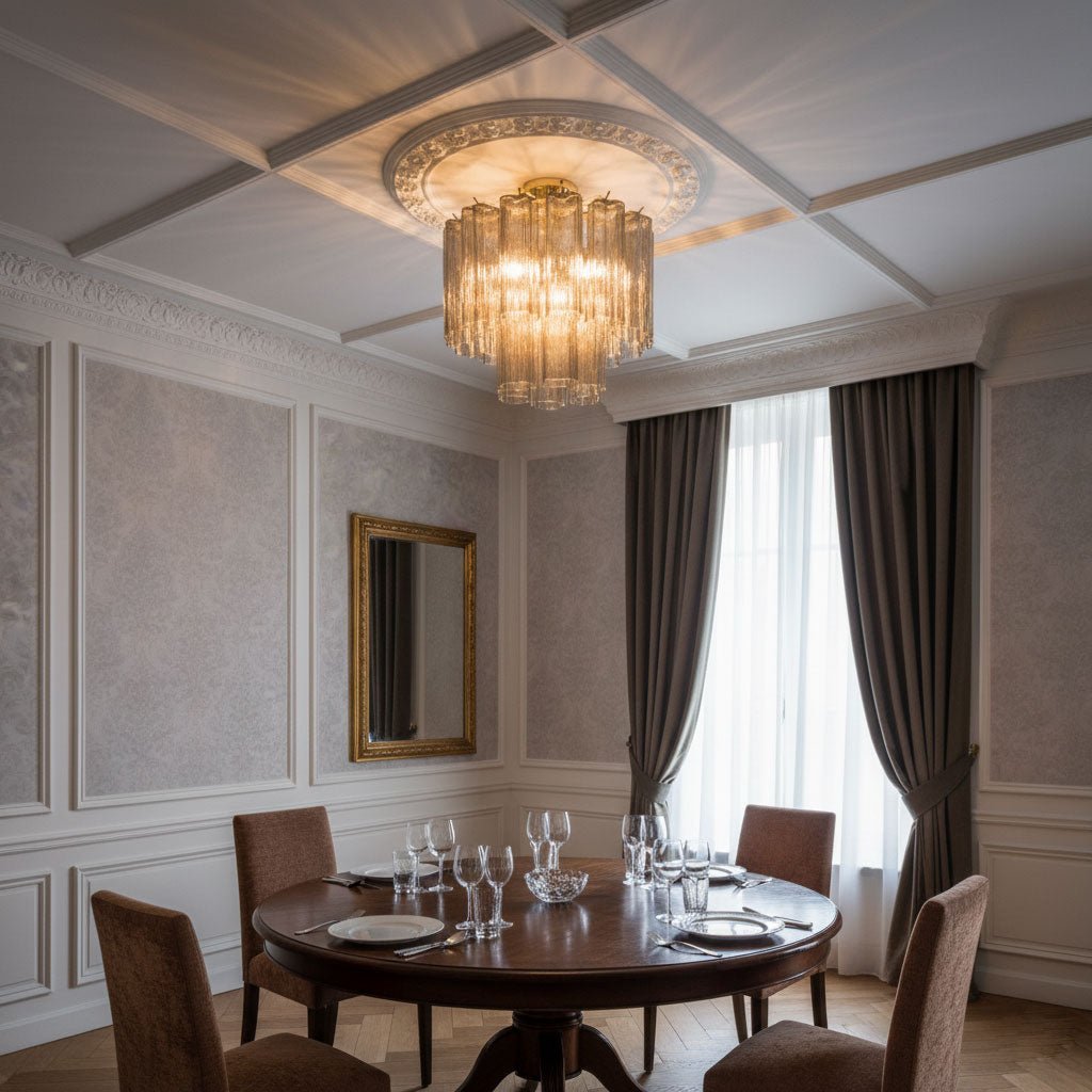 Clear glass Clérachic flush mount on a plaster ceiling rose, above a round dining table in a formal room with grey drapes and a gilt mirror.