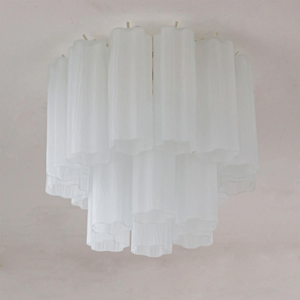 White frosted glass Clérachic flush mount with two tiers of tubes, unlit on a pale ceiling.