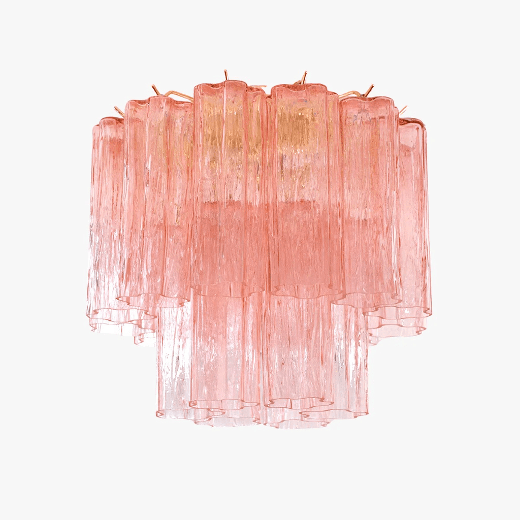 Pink Clérachic flush mount with textured glass tubes in two tiers and brass-toned fixings, on a white background.