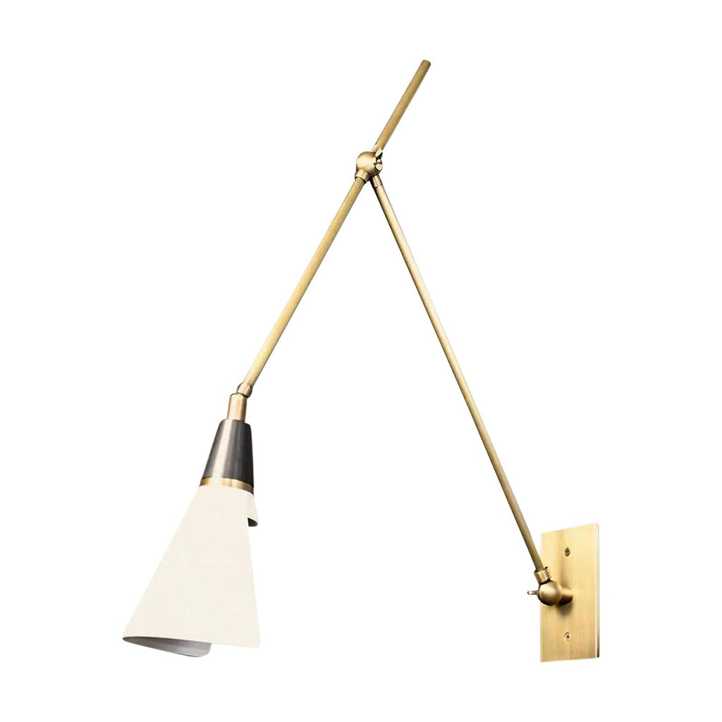 Clérachic wall light with a white cone shade on two brass arms, photographed from slightly below on a plain white background.