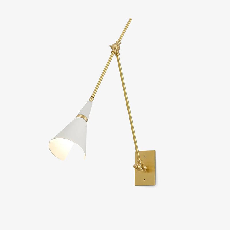 Clérachic wall light with a white cone shade and brass collar on its arm, on a plain light backdrop, seen from a lower angle.