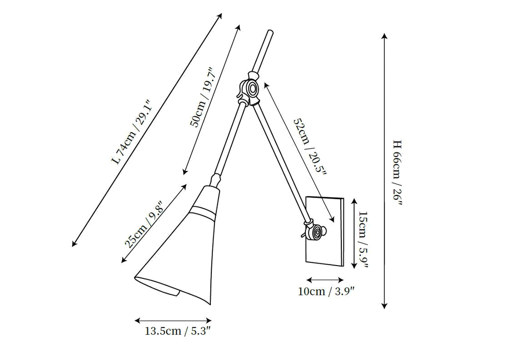 Clérachic wall light dimension drawing, every measurement marked in centimetres and inches.