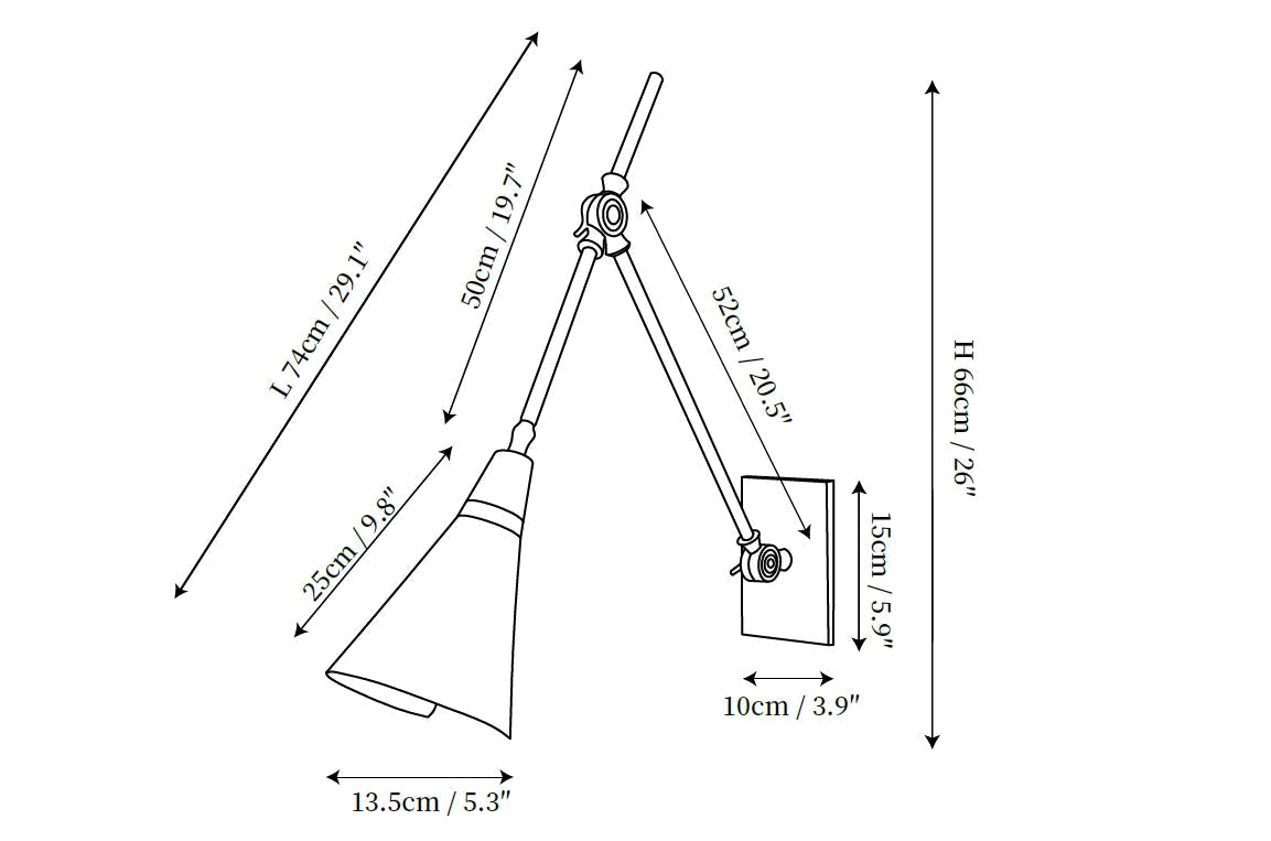 Clérachic wall light dimension drawing, every measurement marked in centimetres and inches.
