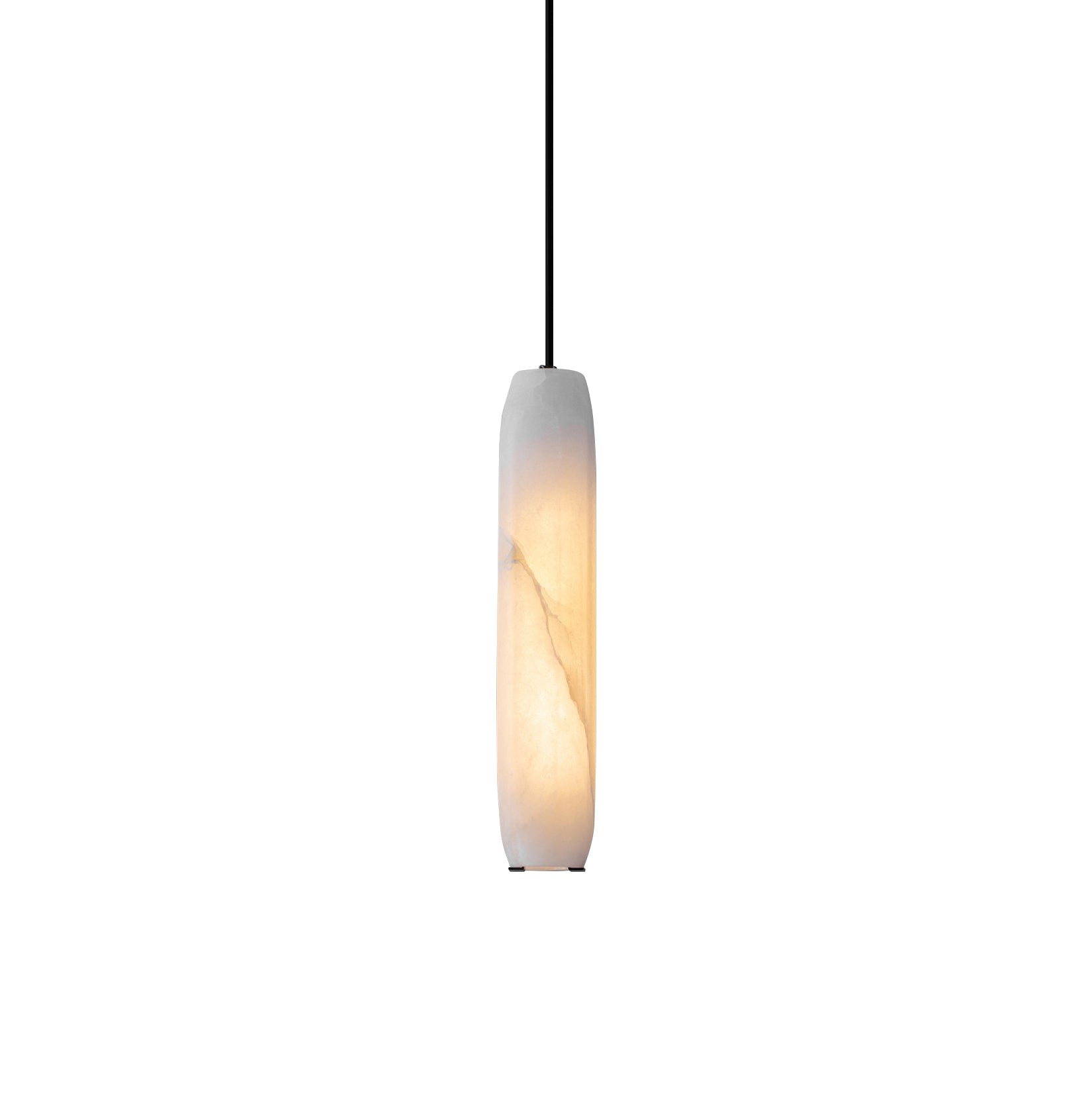 The Clérachic Asbury alabaster pendant on plain white, its slim stone shade lit warm with natural veining running through.