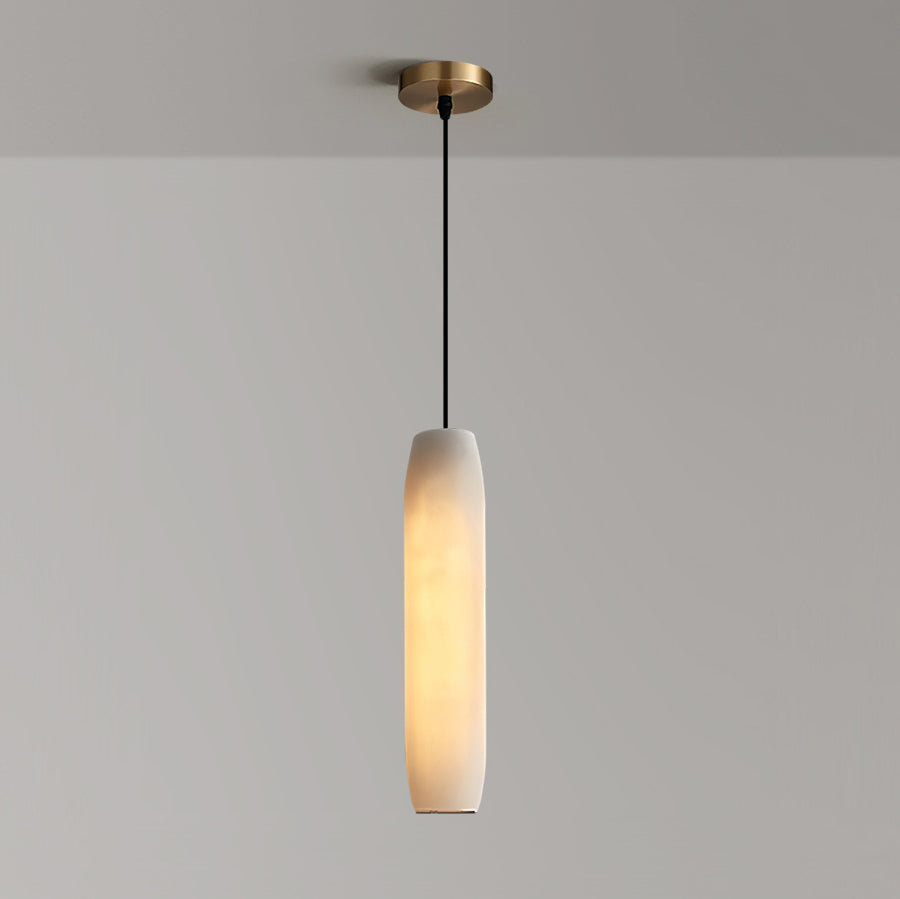 Clérachic shows the full Asbury drop on plain grey: brushed brass ceiling canopy, black cable, lit alabaster shade.