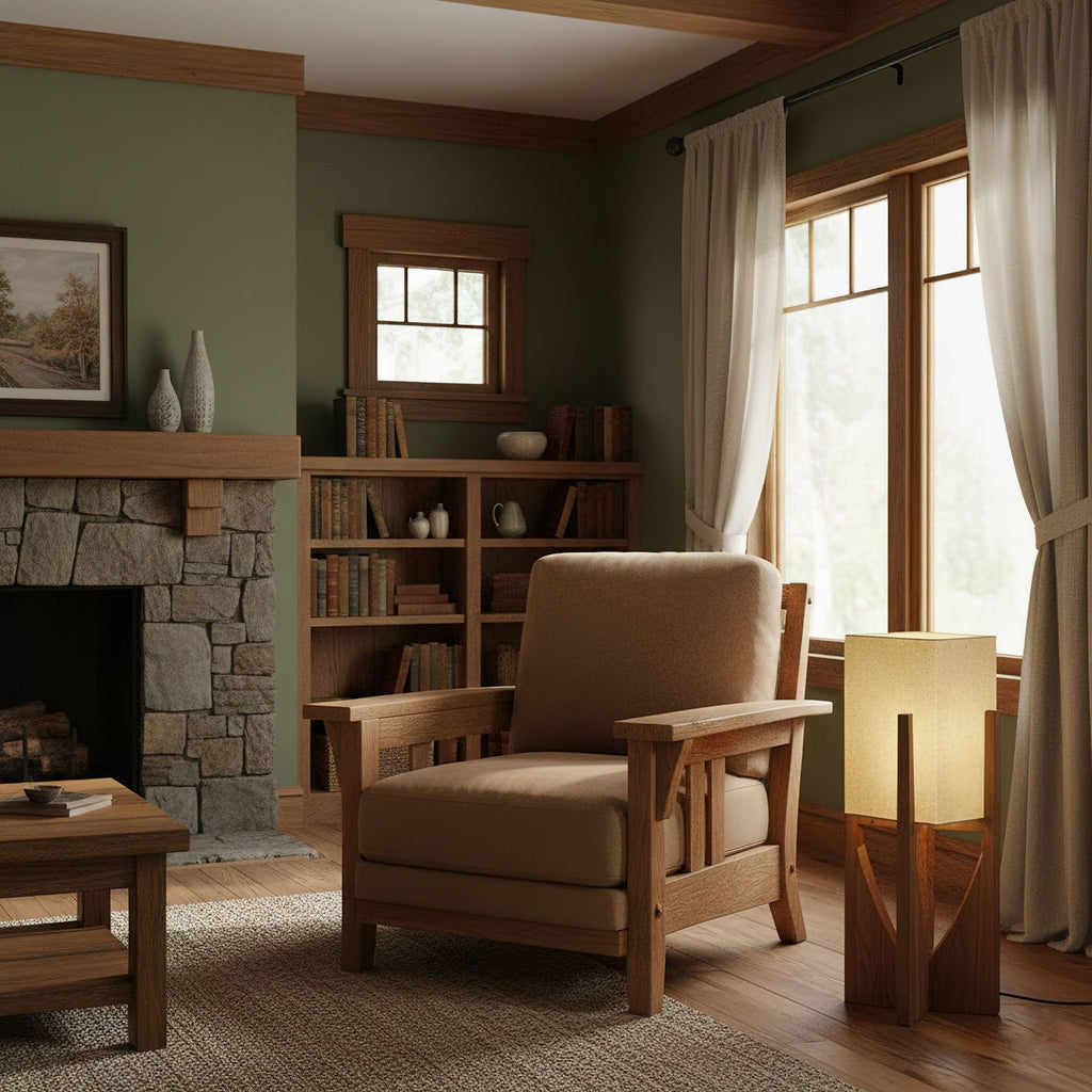 Lit Clérachic wood-framed lamp beside a tan wooden armchair, in a room with a stone fireplace and sage-green walls.