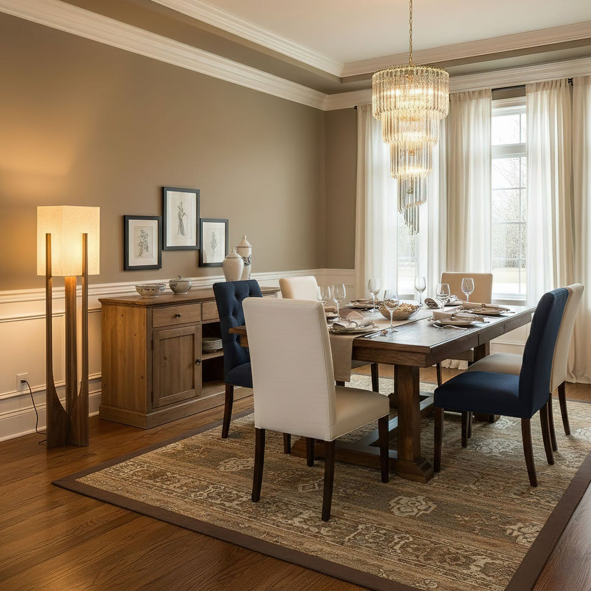 In a dining room with a long wood table and a crystal chandelier, a Clérachic floor lamp glows beside a sideboard.