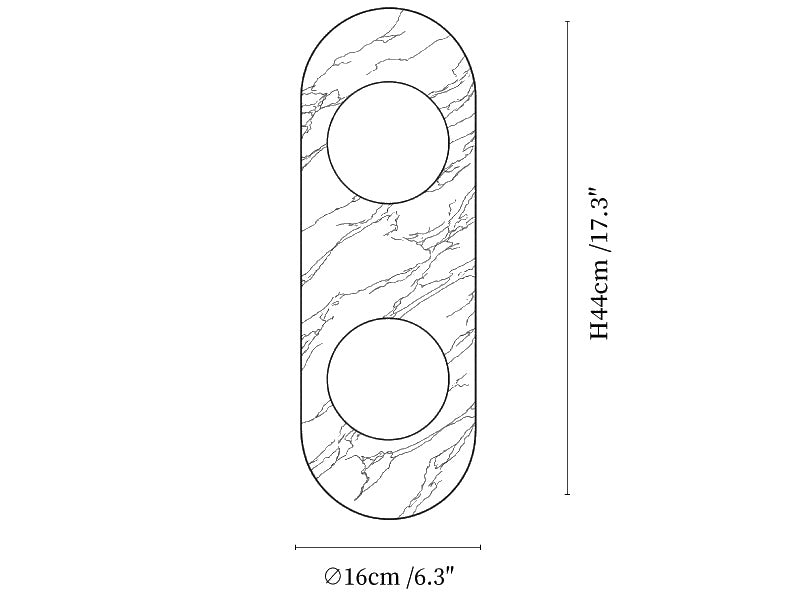 Dimension drawing of the asteria wall lamp, in outline against white.