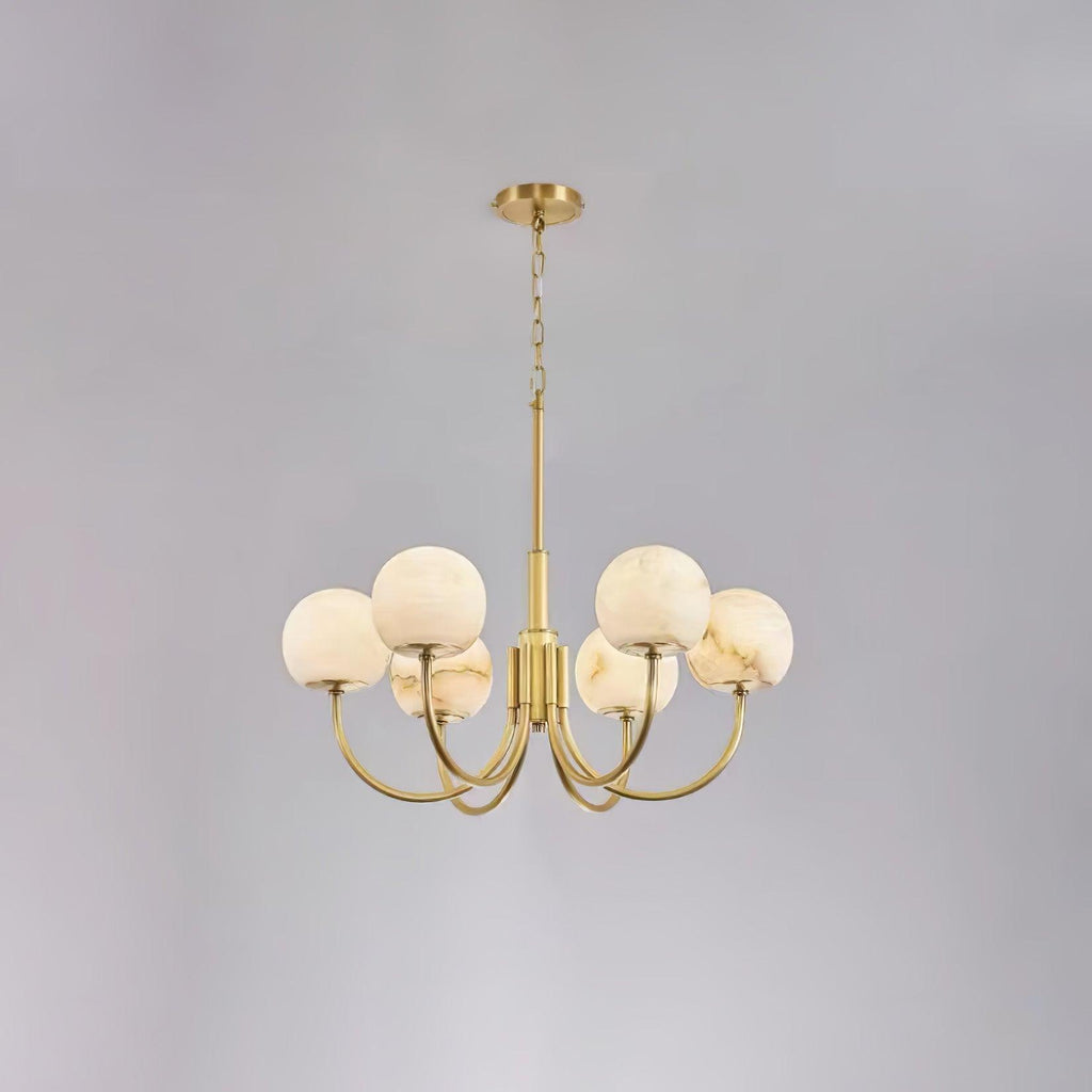 Clérachic Aurelian chandelier, six alabaster globes on curved brass arms below a brass chain.