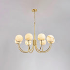 The eight-light Clérachic Aurelian chandelier, alabaster globes ringing the central brass column.