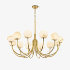 Clérachic Aurelian chandelier on white, showing the full drop from chain to alabaster globes.