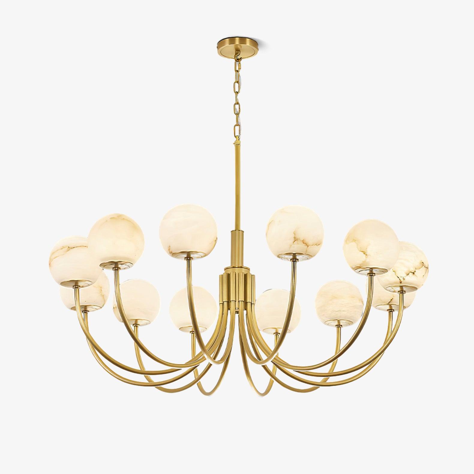 Clérachic Aurelian chandelier on white, showing the full drop from chain to alabaster globes.