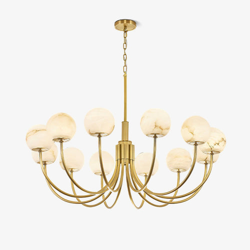 Clérachic Aurelian chandelier on white, showing the full drop from chain to alabaster globes.