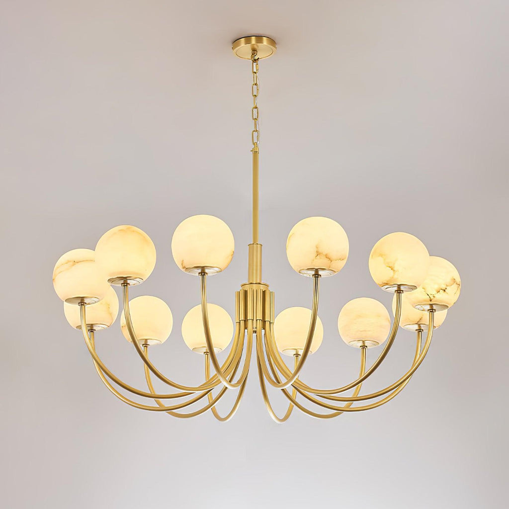 The Clérachic Aurelian chandelier on grey, seen level so the globes read as a single ring.