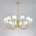The Clérachic Aurelian chandelier against a pale ceiling, its alabaster globes lit softly.