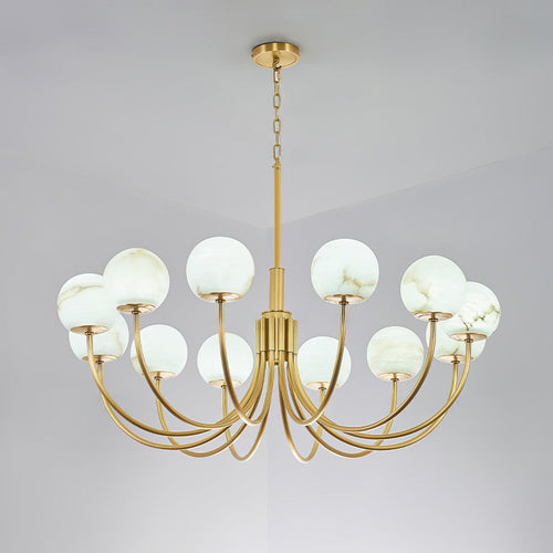 The Clérachic Aurelian chandelier against a pale ceiling, its alabaster globes lit softly.