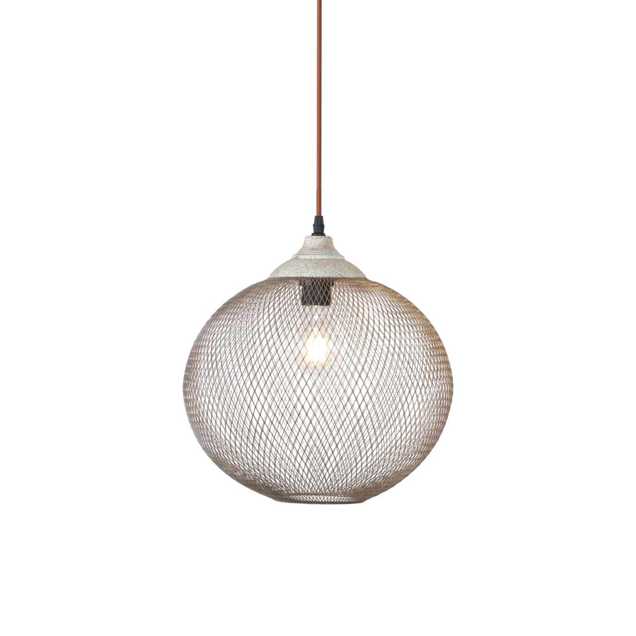 A Clérachic mesh pendant hangs on its cord, glowing softly against a plain backdrop.