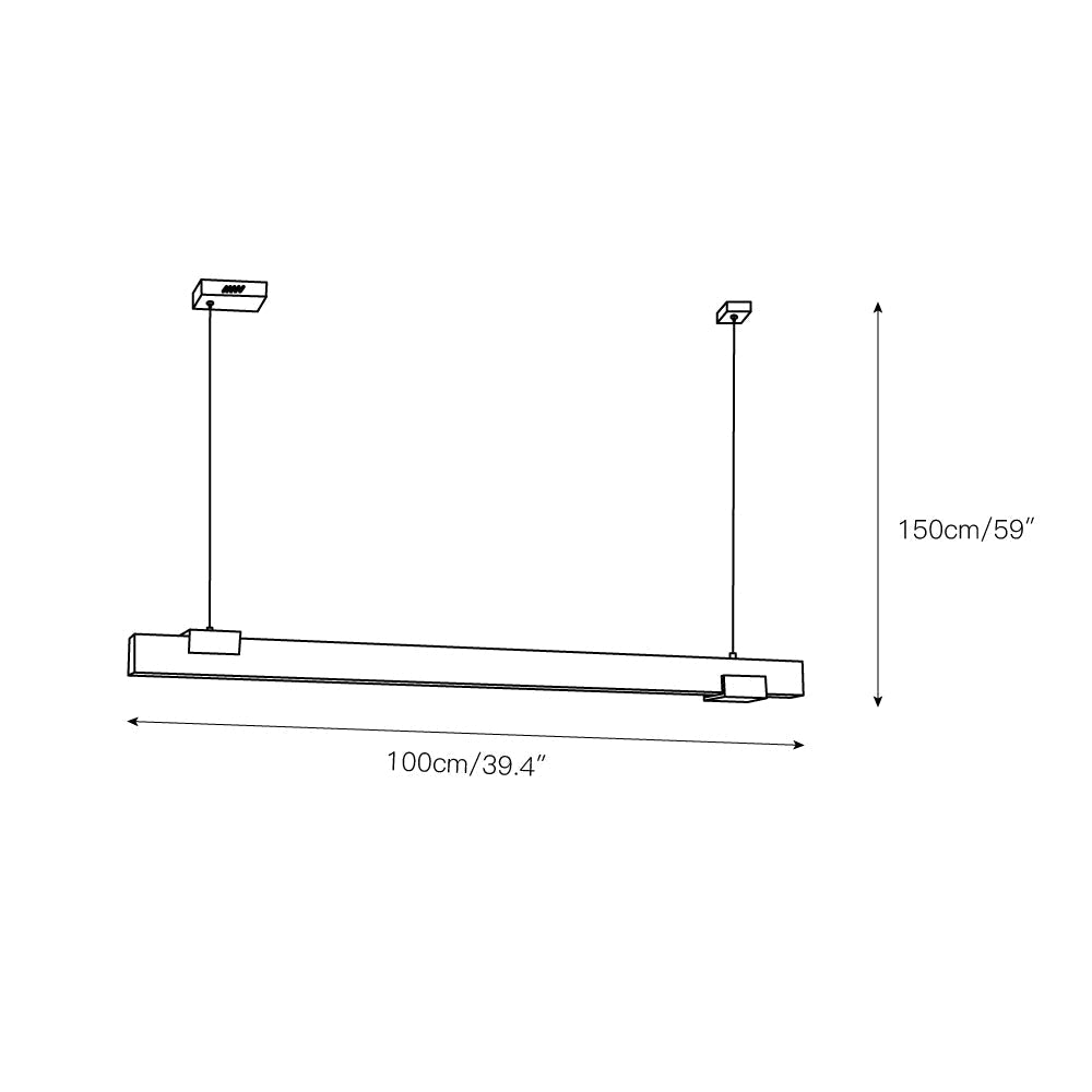 Dimension drawing for the Clérachic Avert pendant: 100 cm / 39.4 in bar length with a 150 cm / 59 in overall drop.