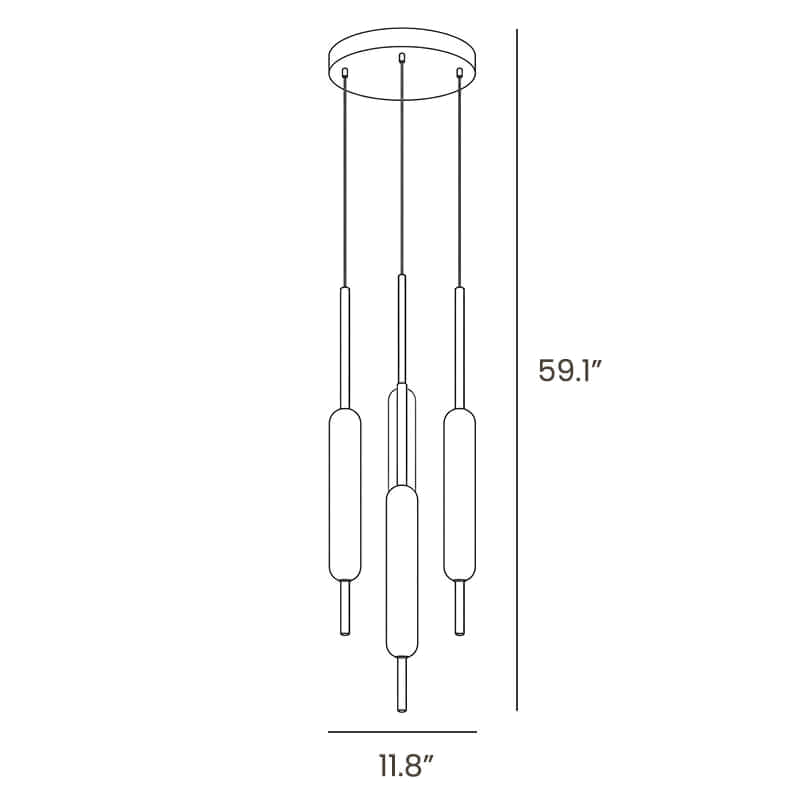 Dimension drawing of this Clérachic three-light round pendant, with its drop height and width marked.