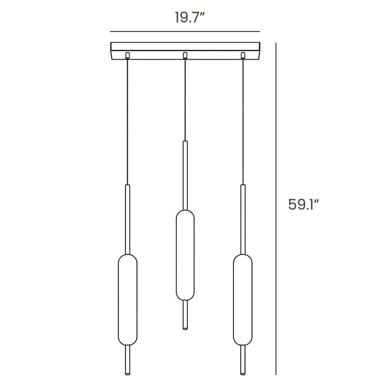 Dimension drawing of this Clérachic three-light linear pendant, with its drop height and bar width marked.