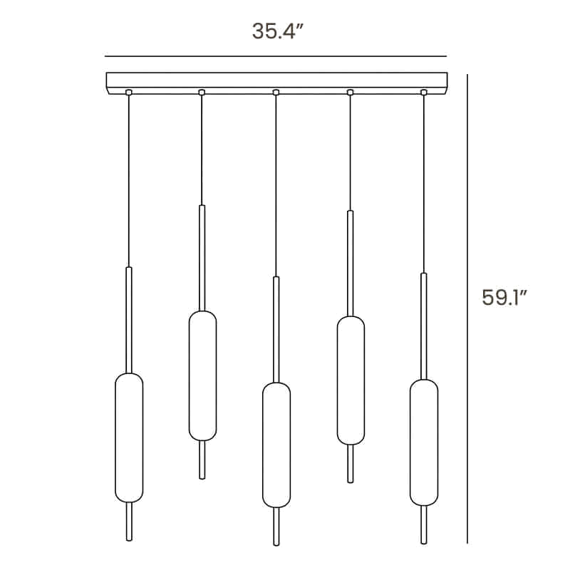 Dimension drawing of this Clérachic five-light linear pendant, with its drop height and bar width marked.