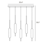 Dimension drawing of this Clérachic five-light linear pendant, with its drop height and bar width marked.