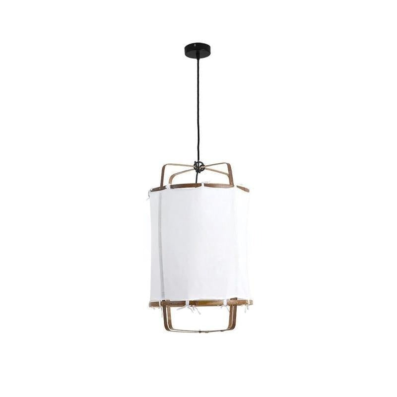 Bamboo pendant light with linen fabric shade glowing warmly