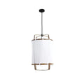 Bamboo pendant light with linen fabric shade glowing warmly