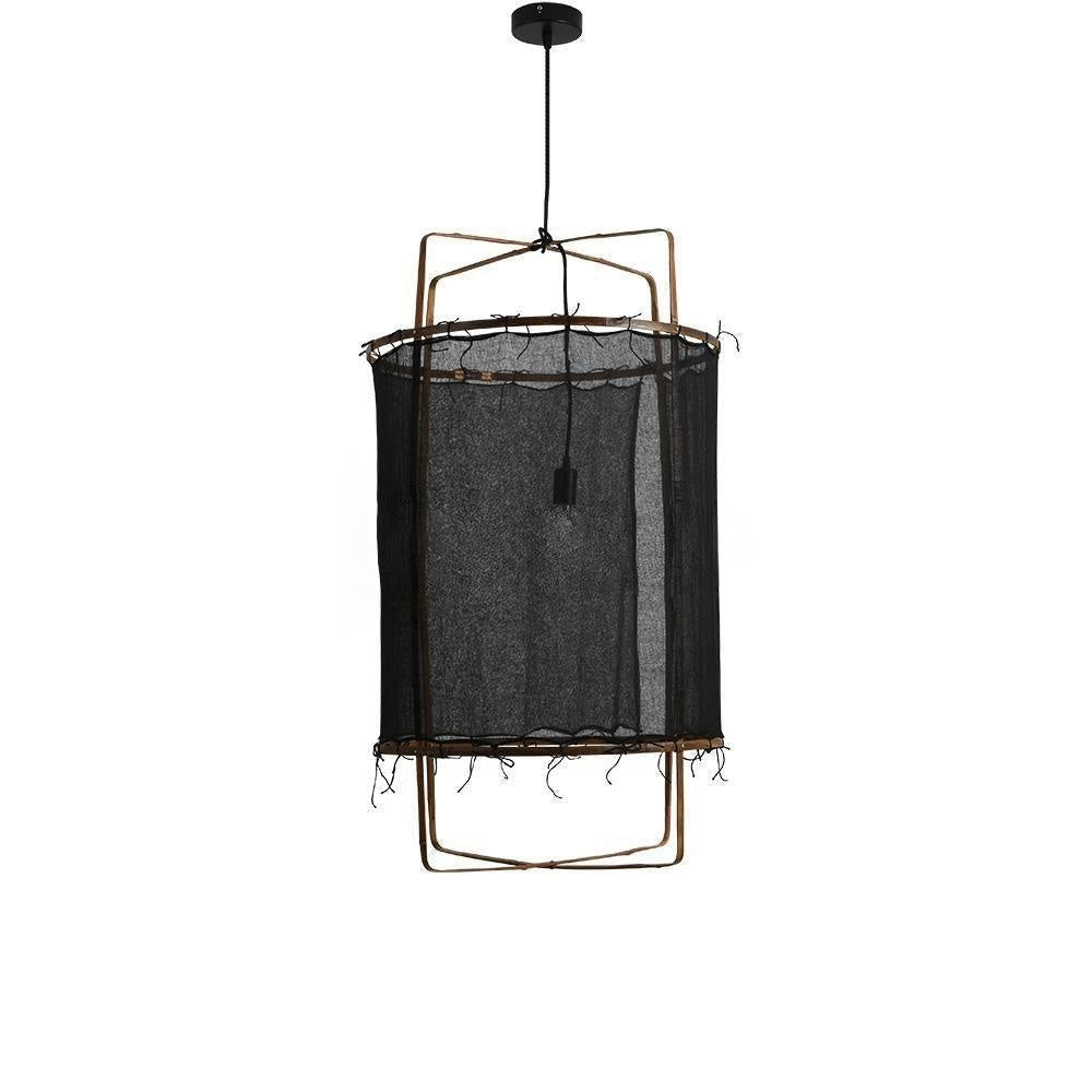 The black open-weave shade version of the pendant, its dark gauze panel stretched inside the honey bamboo frame.
