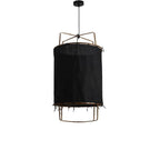 The pendant in a solid black shade, unlit against white, showing the bamboo lower ring and fabric ties.