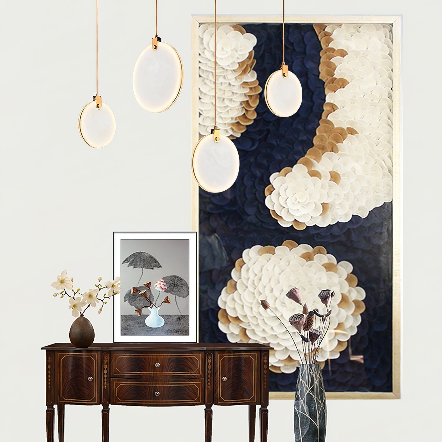 Four Clérachic alabaster pendants at staggered drops over a dark wood sideboard, brass rims catching the light.