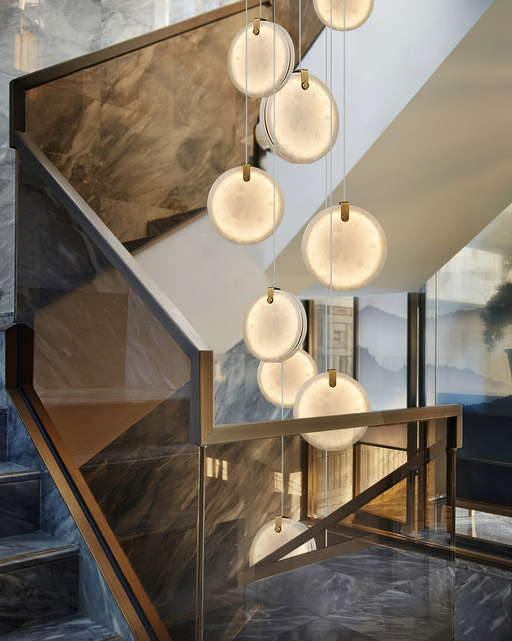Clérachic alabaster discs cascading past a bronze-glass balustrade in a marble stairwell, lit warm against the stone.