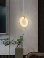 A single Clérachic alabaster pendant lit against a textured plaster wall, throwing a soft halo above a bonsai.