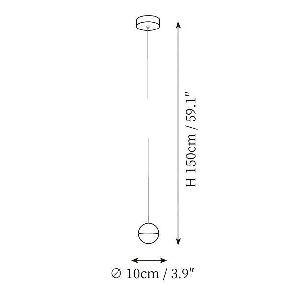 Dimension drawing of this Clérachic single-sphere pendant light, with its drop height and sphere diameter marked.