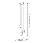 Dimension drawing of this Clérachic three-sphere pendant light with a round canopy, with its height and width marked.