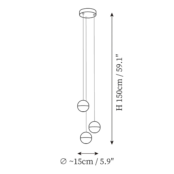Dimension drawing of this Clérachic three-sphere pendant light with a round canopy, with its height and width marked.