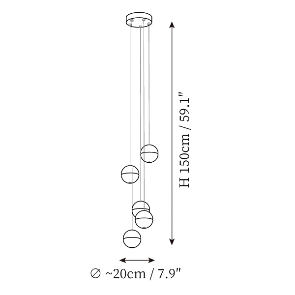 Dimension drawing of this Clérachic five-sphere pendant light on a round canopy, with its height and width marked.