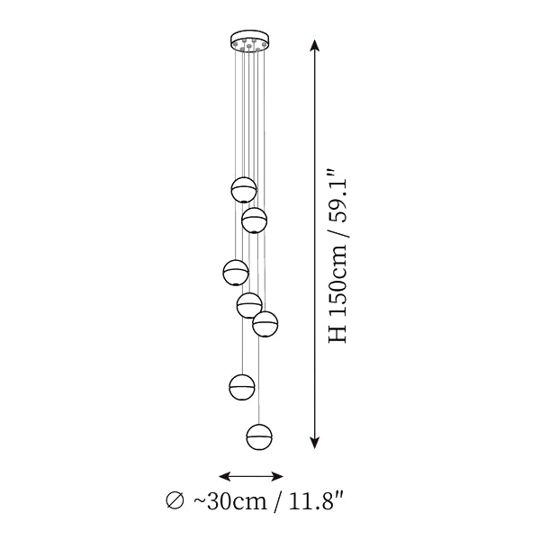 Dimension drawing of this Clérachic seven-sphere pendant light on a round canopy, with its height and width marked.