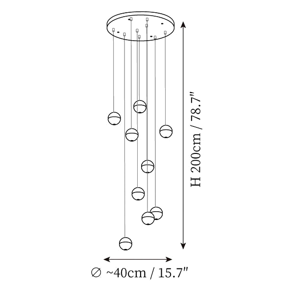 Dimension drawing of this Clérachic nine-sphere pendant light on a larger round canopy, with its height and width marked.