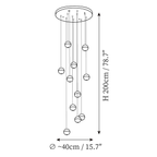 Dimension drawing of this Clérachic eleven-sphere pendant light on a round canopy, with its height and width marked.