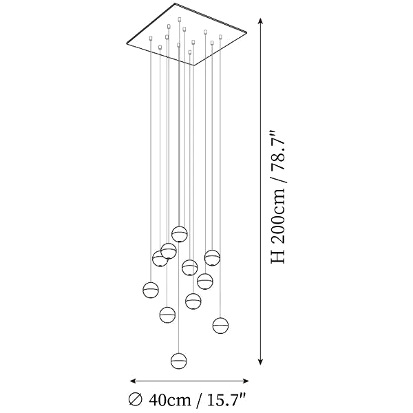 Dimension drawing of this Clérachic pendant light on a square canopy, with its height and width marked.