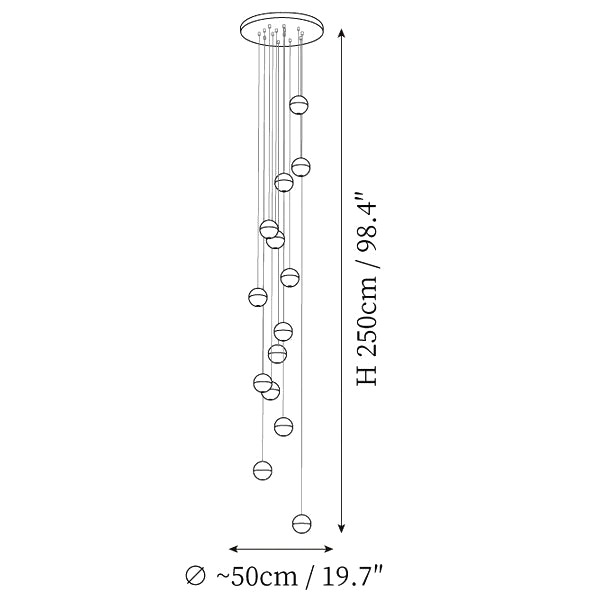 Dimension drawing of this Clérachic fourteen-sphere pendant light with a round canopy, with its height and width marked.