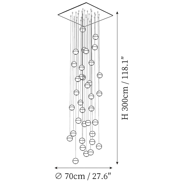 Dimension drawing of this Clérachic large pendant light on a square canopy, with its height and width marked.