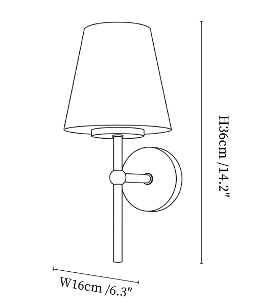 Clérachic wall light dimension drawing, every measurement marked in centimetres and inches.
