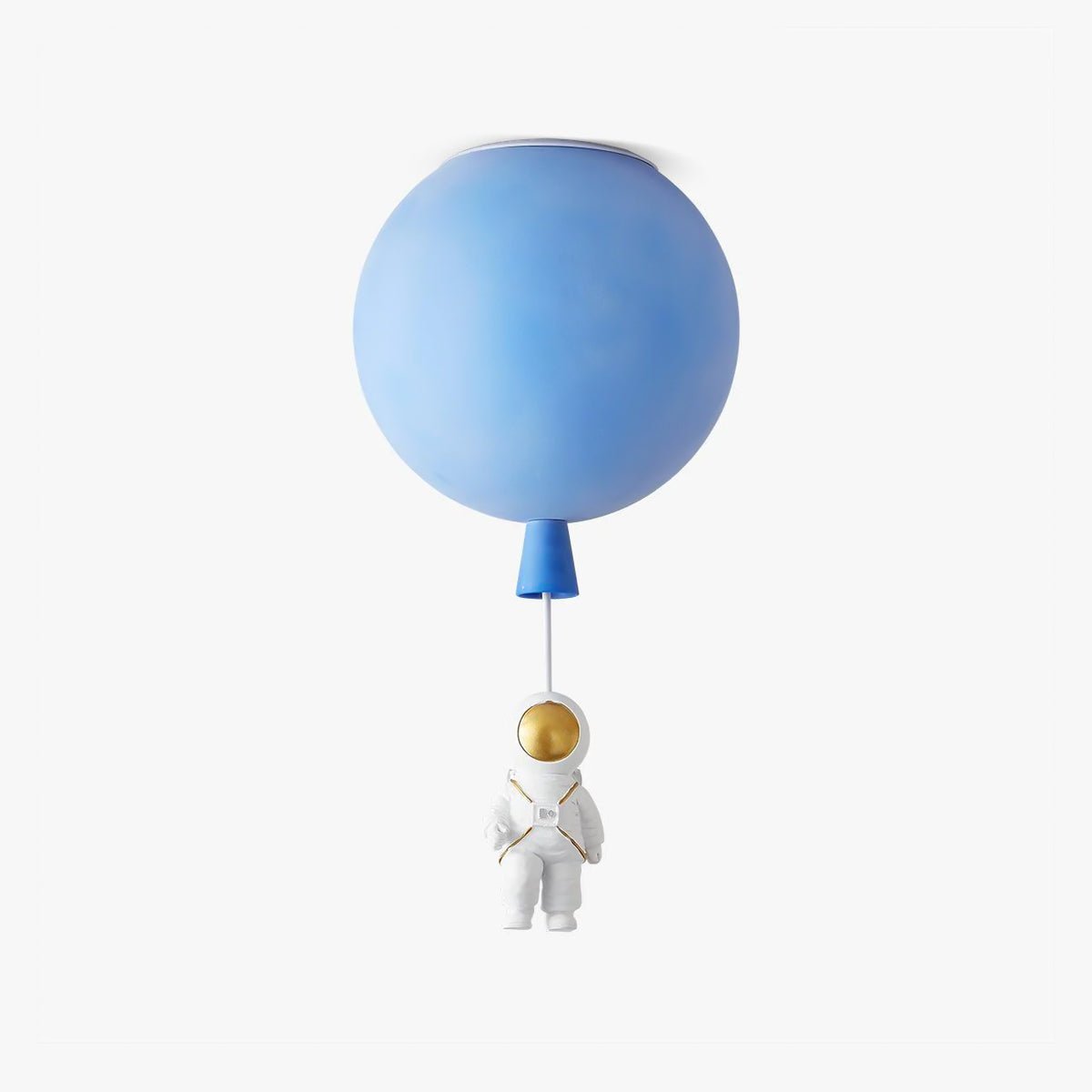 Blue Clérachic balloon ceiling light with a small astronaut figure hanging on a cord below, on a plain white backdrop.