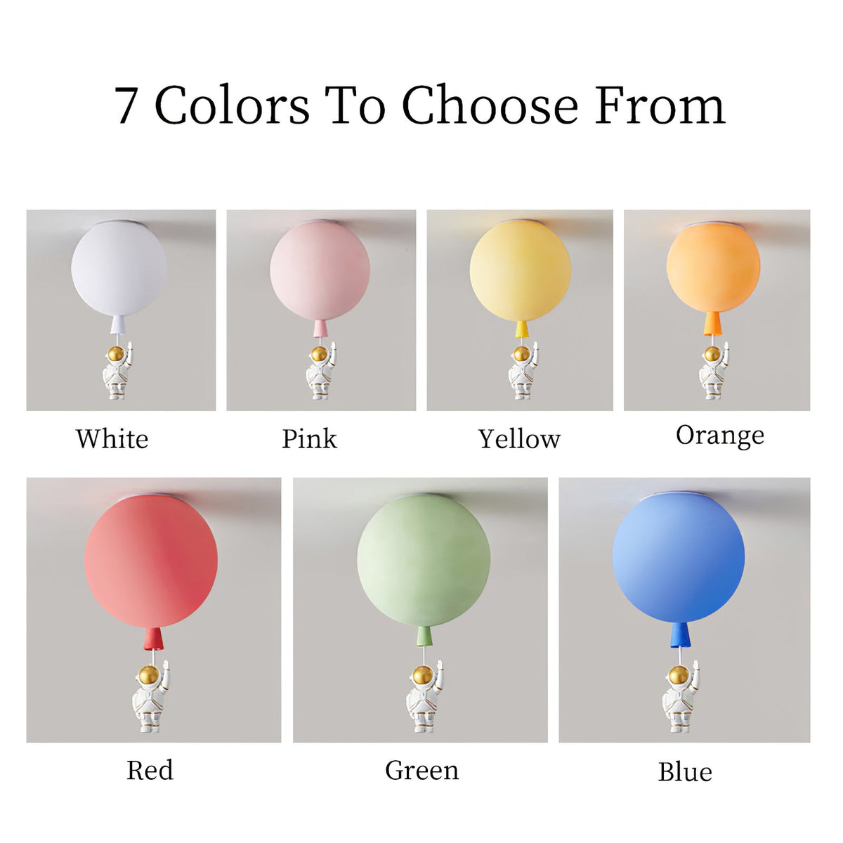 Colour chart of this Clérachic balloon light in seven shades, from white and pink to red, green and blue.