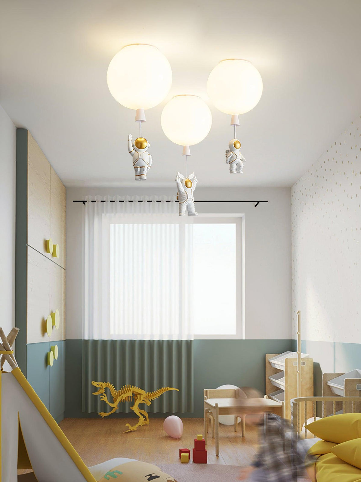Three white Clérachic balloon lights with astronauts above a child's room with a sheer-curtained window and a toy dinosaur.