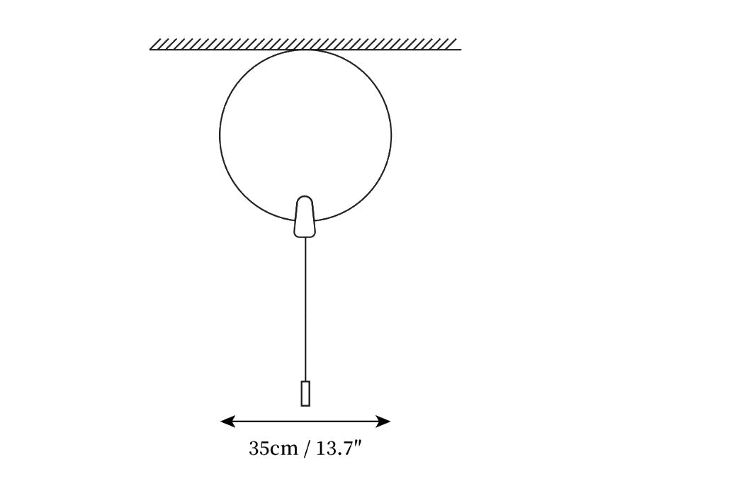 Dimension drawing of the balloon dream ceiling light, in outline against white.